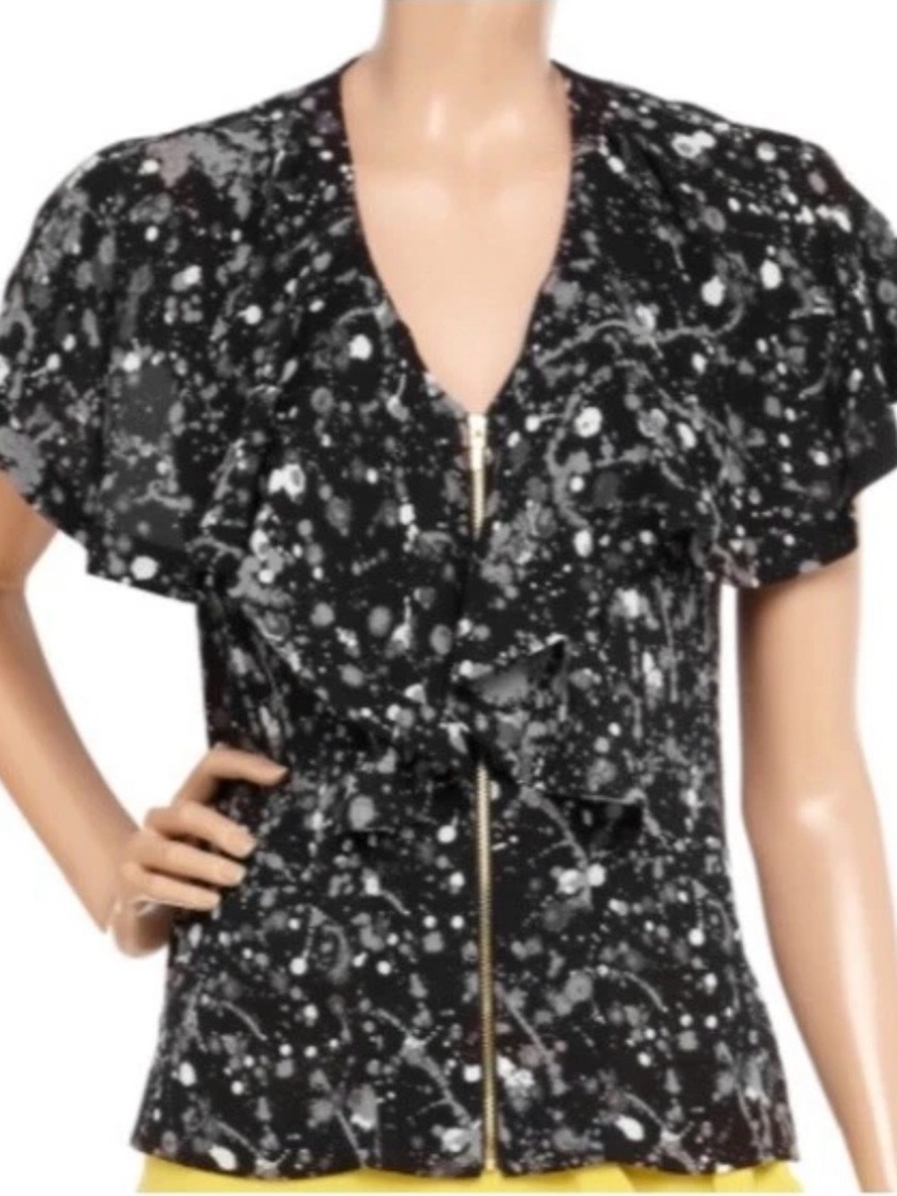 TORY BURCH 'Rebecca' Paint Splatter Front Zipper Closure Silk Blouse Size 2